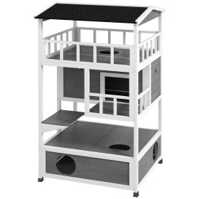 Wooden Outdoor Cat House with Asphalt Roof, Escape Doors, Condo, Jumping Platform, Light Gray