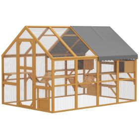 Wooden Catio Outdoor Cat Enclosure, Large Cat House with Waterproof Cover, 2 Condos, 6 Platforms, Bridge, Doors, Yellow