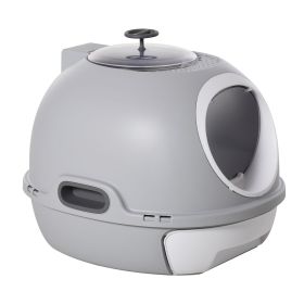 Cat Litter Box Toilet with Lid, Covered Litter Box with Scoop, Enclosed Drawer, and Skylight, Gray