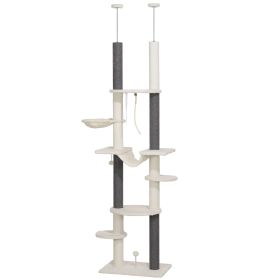 89"-100" Adjustable Floor to Ceiling Cat Tree with Scratching Posts, Hammock, Perches, Toy Balls, White