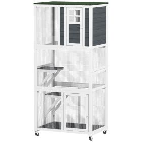 Outdoor Cat House, Wooden Catio on Wheels, Large Kitten Playpen with Weather Protection Roof, 2 Platforms, Resting Condo, Enter Door 36"L