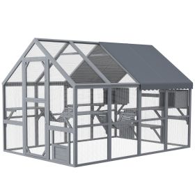 Outdoor Cat Enclosure with Condos, Canopy, Suspension Bridges, Platforms & Multiple Doors for 3-6 Cats, Gray