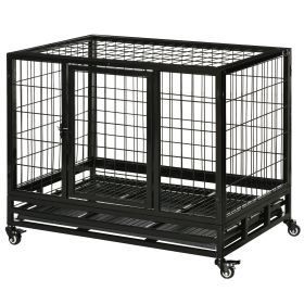 36" Heavy Duty Dog Crate with Removable Tray, Lockable Wheels and Double Door, for Medium and Large Dogs, Black