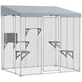 79" Galvanized Steel Large Catio with Waterproof Canopy, Sleeping Box, Jumping Platforms, for 1-3 Kittens, Silver