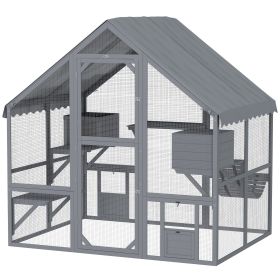 Wooden Catio Outdoor Cat Enclosure with Waterproof Cover, 2 Condos, 4 Platforms, Bridge, Doors, for Multiple Cats, Gray