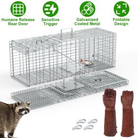 Humane Cat Trap Cage With Gloves Catch Release Live Animal Rodent Cage Collapsible Galvanized Wire for Raccoons Beavers Groundhogs Foxes Armadill