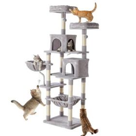 71-inch Cat Tree Tower, Large Multi-story Cat Climbing Tower, Natural Sisal Grabber Posts, Extended Platform, Hammock (Option: Light Grey)