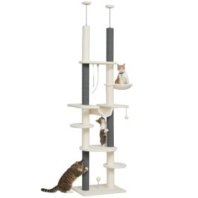 PawHut Floor To Ceiling Cat Tree With Scratching Posts, Hammock, Perches & Toy Balls, White (Option: White Gray)