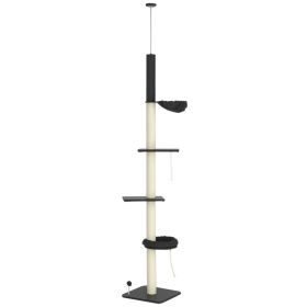 Floor To Ceiling Cat Tree, 5-Tier Cat Climbing Tower, 95''-106'' Height Adjustable with Carpeted Platforms, Cozy Bed, Hammock, Scratching Post & (Option: Black, Cream-480x230x480 mm)