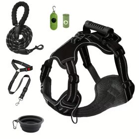 Tactical Service Dog Harness Strap Set, Car Seat Belt, Collapsible Bowl, Biodegradable Trash Bag Set For Dogs (Option: Black-XS)