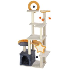 63 Inch Moon and Star Themed Cat Tree with Scratching Post, Hammock, Condo, Bed, Scratching Board & Cat Toys, Beige (Option: Beige-620x230x420 mm)