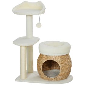 31" Cat Tree Tower with Scratching Posts, Cat Condo, Beds, Platform and Toy Ball for Indoor Cats, Cream White (Option: Cream White-610x365x410 mm)