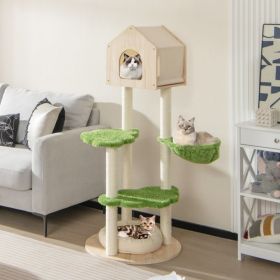 55 Inch Tall Cat Climbing Stand with Sisal Scratching Posts and Soft Cat Bed for Indoor Kittens (Color: Green)