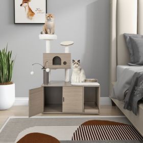 2-in-1 Modern Cat Tower with Litter Box Enclosure for Indoor Cars (Color: Gray)