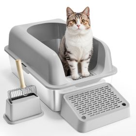 VEVOR Cat Litter Box, 6 inches Deep, XL Extra Large Stainless Steel Cat Litter Box with Scoop, Wide Filtering Foot Board & High Sides (Color: Light Gray)