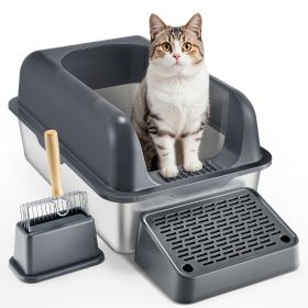 VEVOR Cat Litter Box, 6 inches Deep, XL Extra Large Stainless Steel Cat Litter Box with Scoop, Wide Filtering Foot Board & High Sides (Color: Dark Gray)