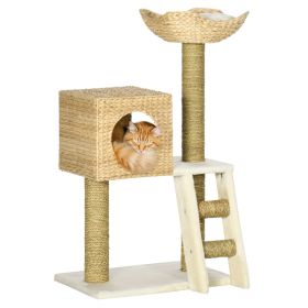 Cattail Weave Cat Tree for Indoor Cats Kitty Tower with Rattan Cat Condo, Wicker Bed, Ladder, Washable Cushions, 22.5" x 14.5" x 39.5", Natural (Option: Natural Wood-580x385x325 mm)